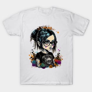 Cartoon little girl with glasses in gothic style at school T-Shirt